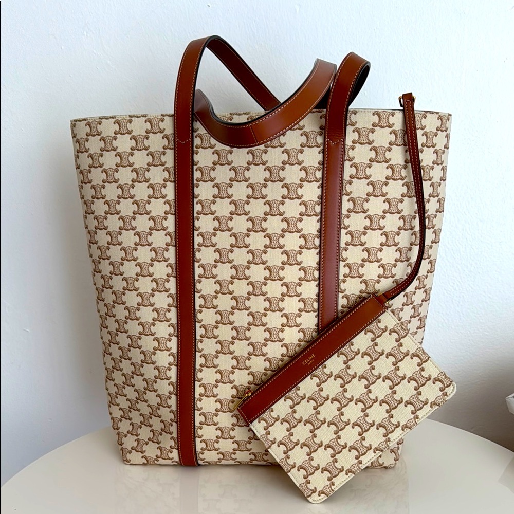 Celine *NEW* Triomphe Tan and Brown Women's Tote Bag with Pouch & Dust Cover